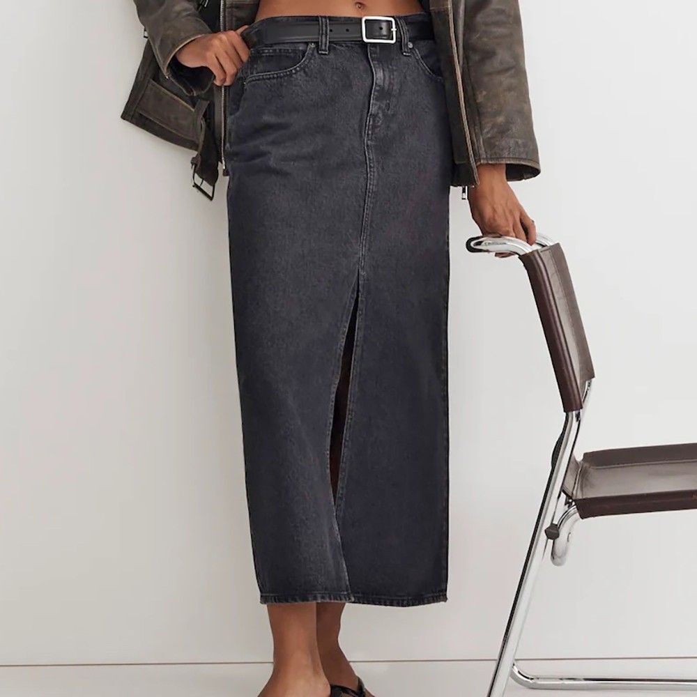 Madewell Denim Mid-Rise Maxi Skirt Size 26 Black Lunar Wash Cotton Front Slit